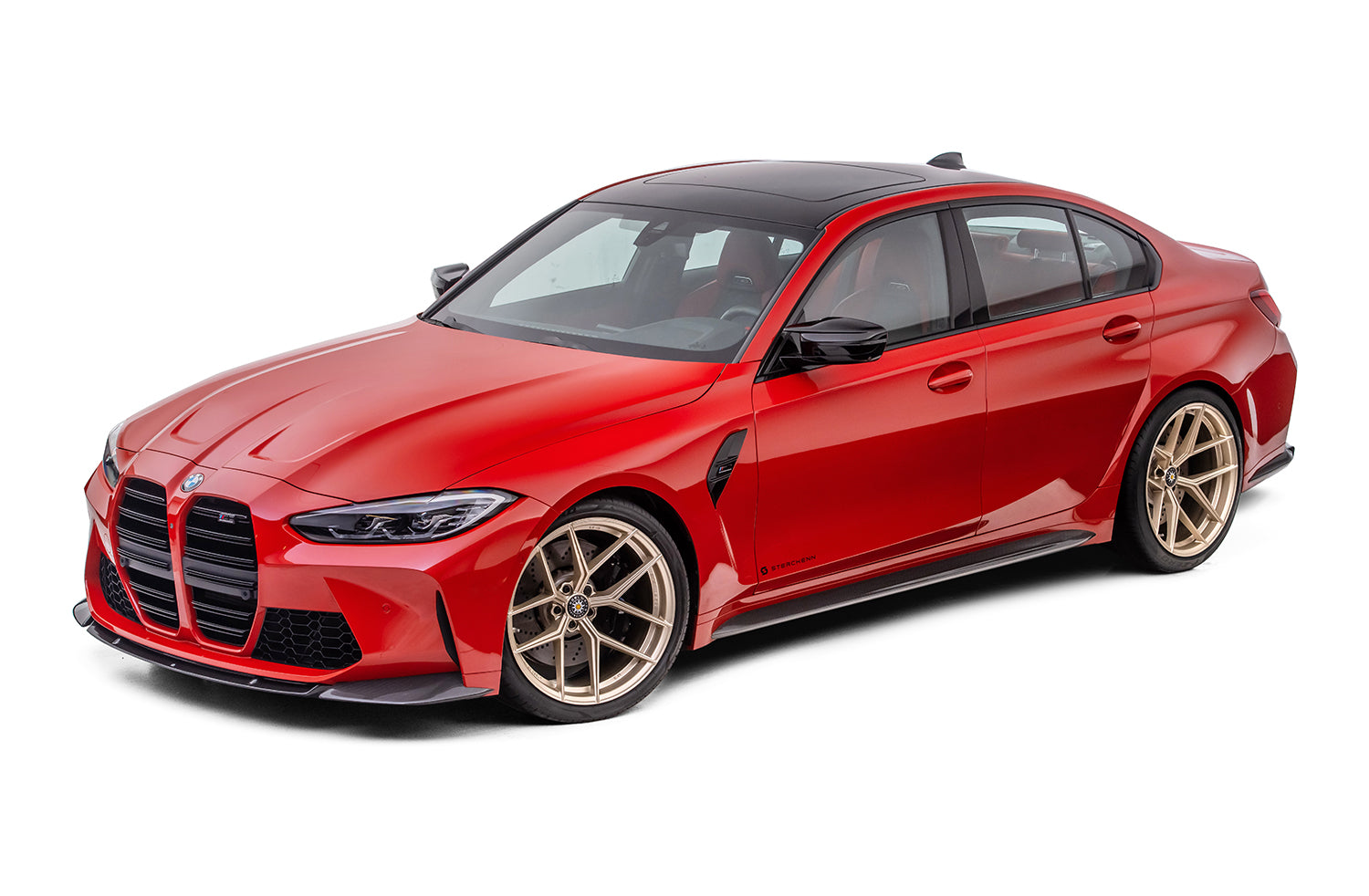 red bmw with black splitter and gold rims on white background