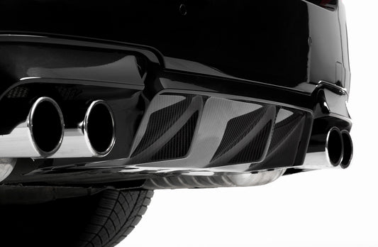close-up view of the diffuser on a black bmw