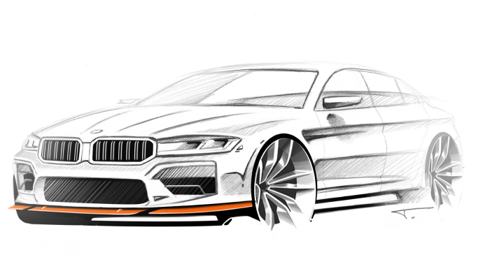 black and white sketch of bmw with orange splitter